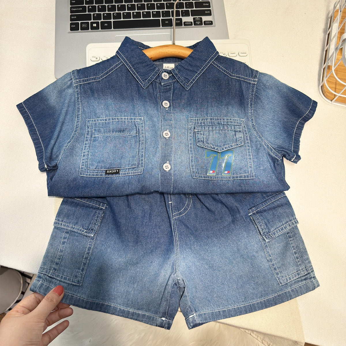 Casual Boy's Denim Short Sleeve Set, Gradient Two-Piece