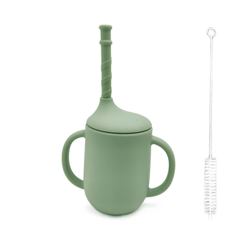 Silicone Baby Learning Drink Cup with Straw, Handles & Cleaning Brush