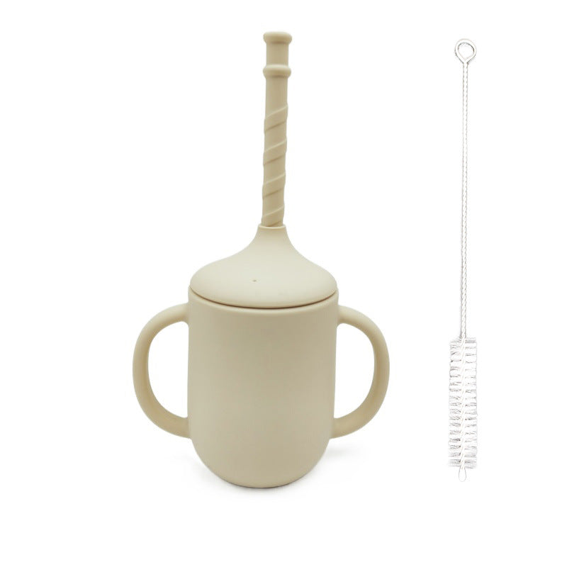 Silicone Baby Learning Drink Cup with Straw, Handles & Cleaning Brush