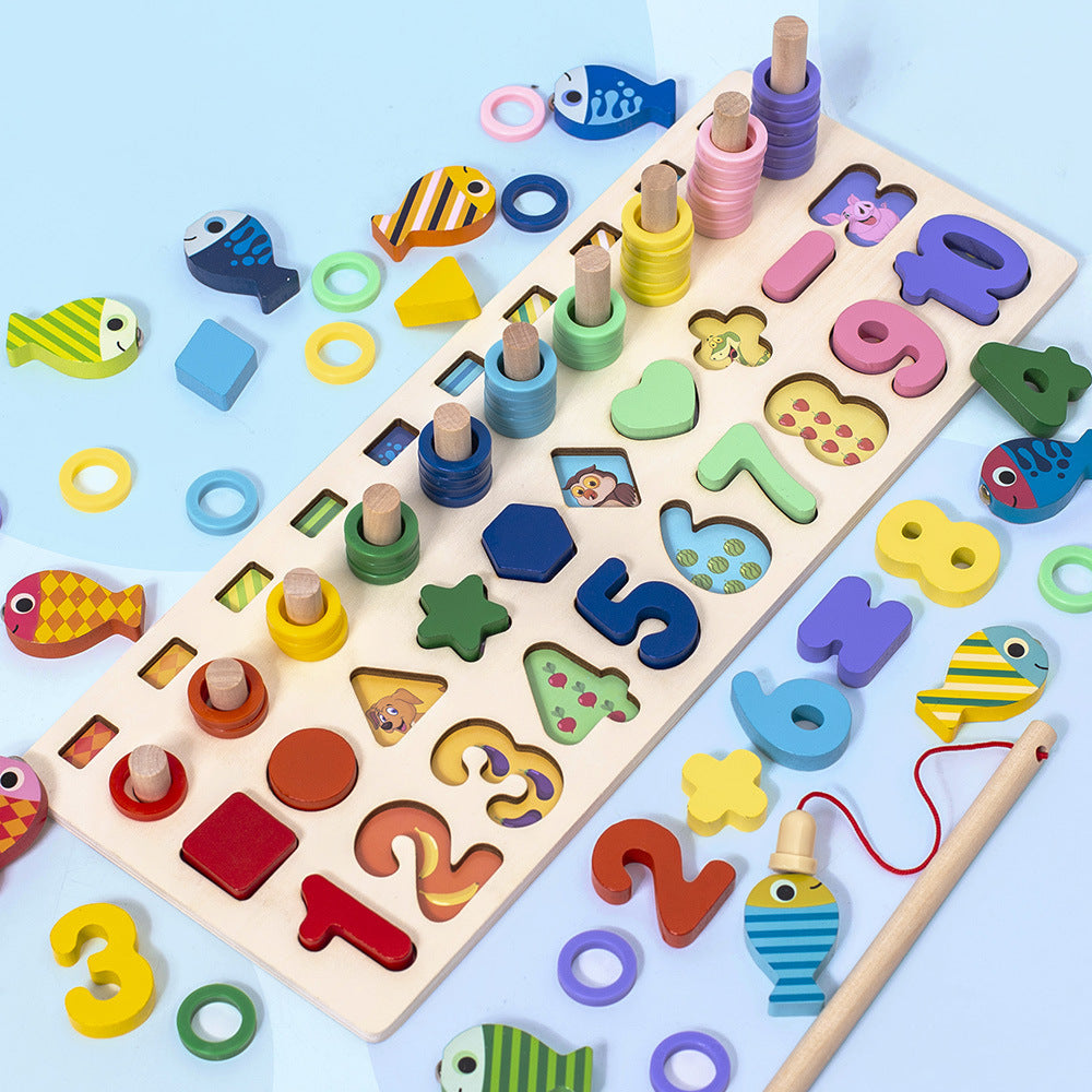 3-in-1 Wooden Fishing, Alphabet & Number Learning Board