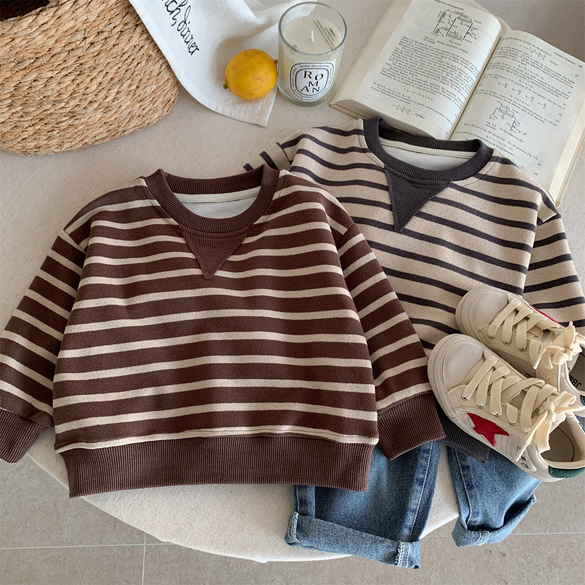 Kids Cotton Cartoon Striped Round Neck Pullover