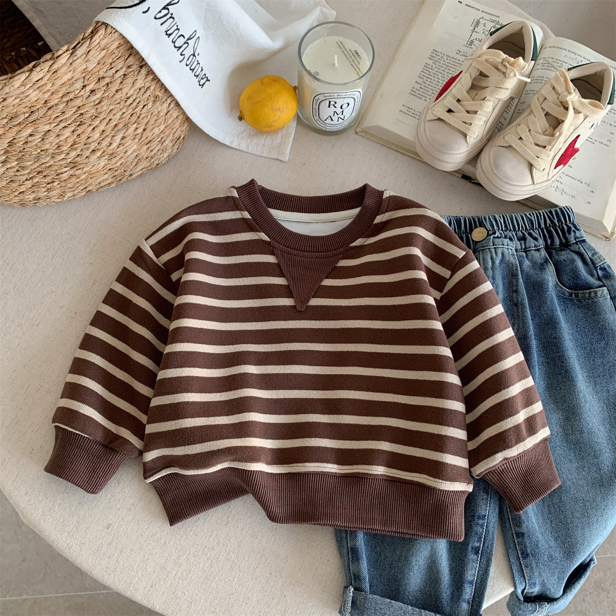 Kids Cotton Cartoon Striped Round Neck Pullover