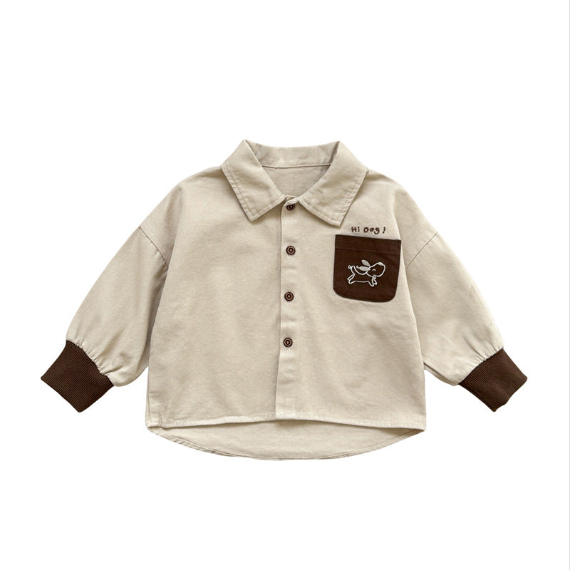 Cartoon Contrast Cotton Long Sleeve Kids Shirt
