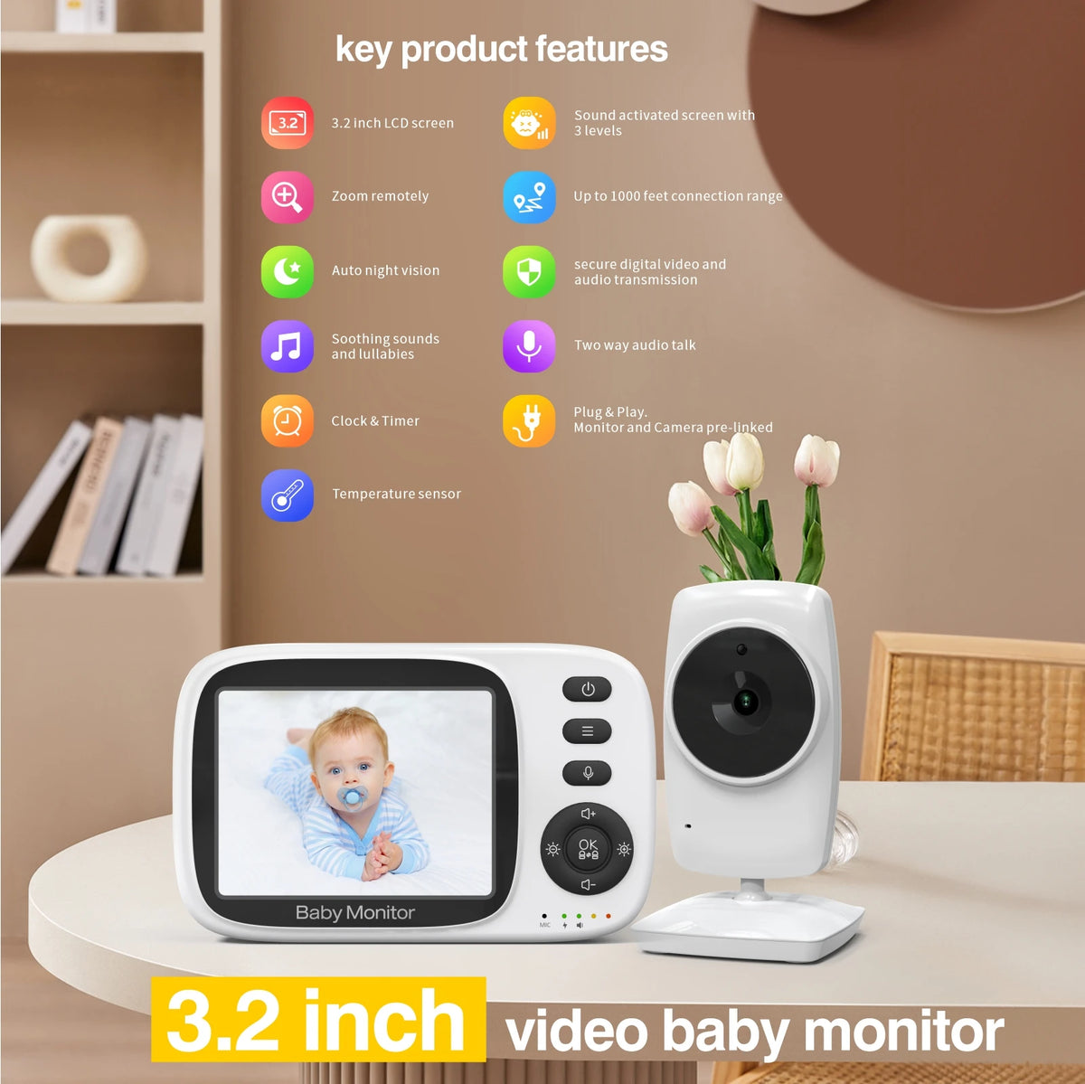 SM632A 2.4GHz Wireless Video Baby Monitor with 3.2-Inch Screen