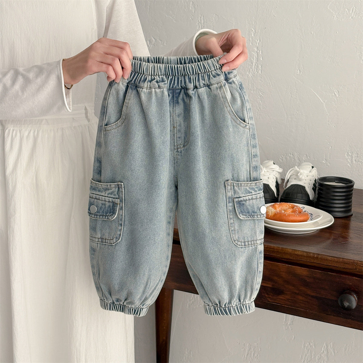 Kids Solid Color Pocket Denim Workwear Straight-Leg Pants