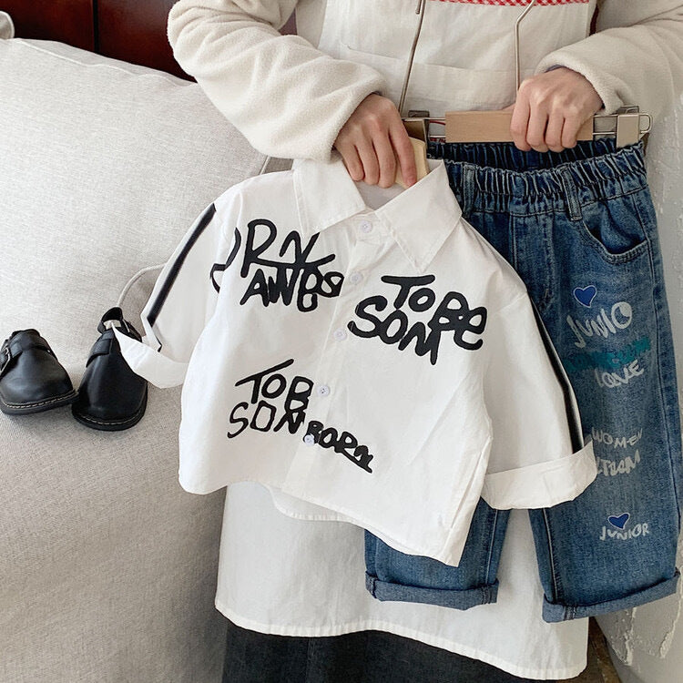 Letter Graffiti Casual Long Sleeve Shirt for Boys