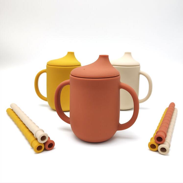 Silicone Baby Learning Drink Cup with Straw, Handles & Cleaning Brush