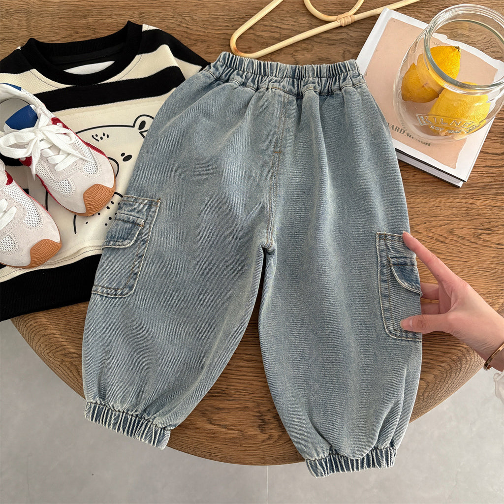 Kids Solid Color Pocket Denim Workwear Straight-Leg Pants