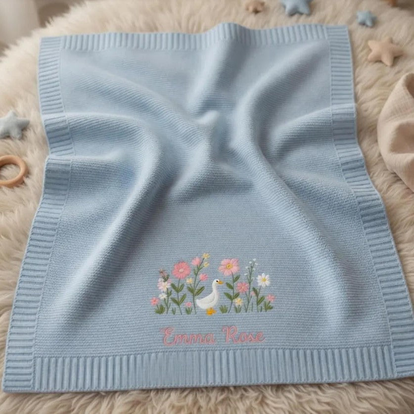 Personalized Knitted Baby Blanket with Embroidered Name & Bear