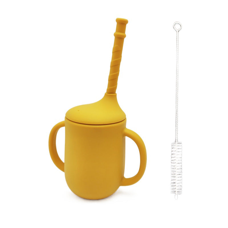 Silicone Baby Learning Drink Cup with Straw, Handles & Cleaning Brush