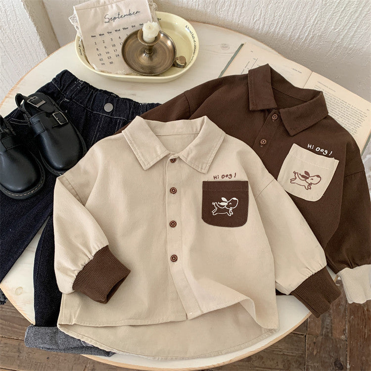 Cartoon Contrast Cotton Long Sleeve Kids Shirt