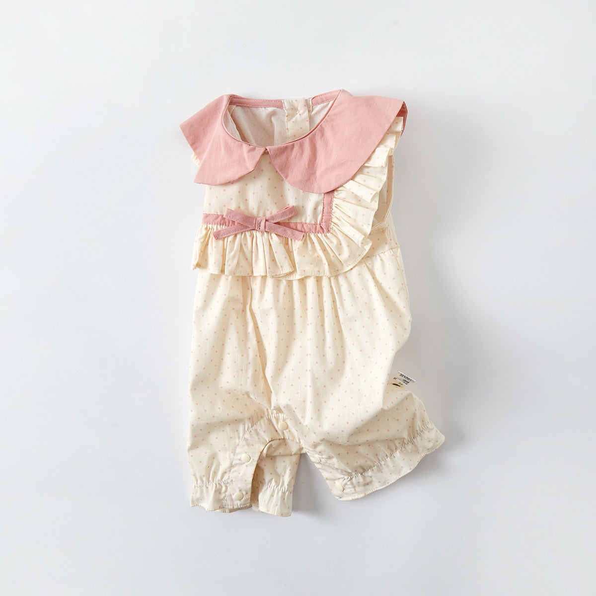 Polka Dot Color-Blocked Baby Girl Vest Romper with Peter Pan Collar