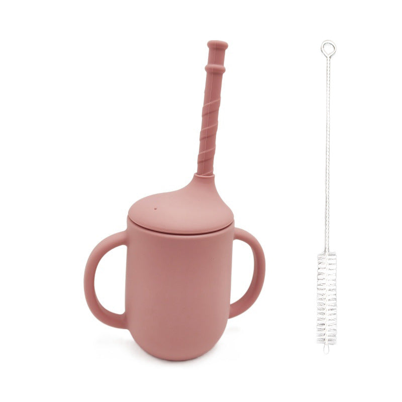 Silicone Baby Learning Drink Cup with Straw, Handles & Cleaning Brush