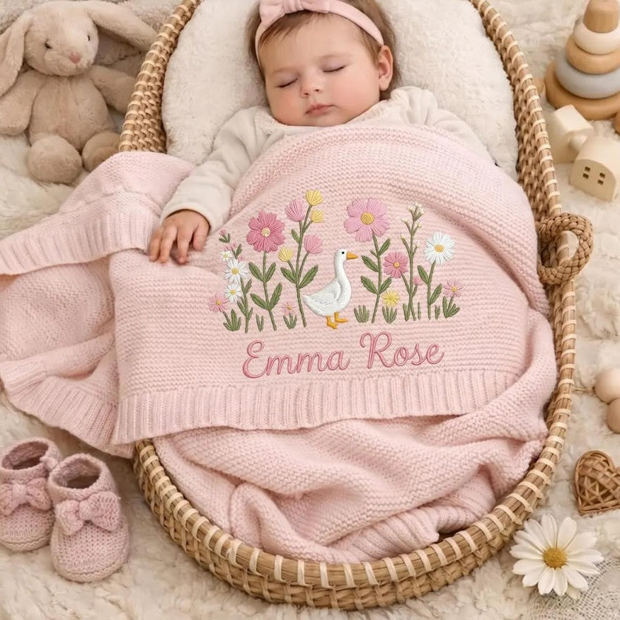 Personalized Knitted Baby Blanket with Embroidered Name & Bear