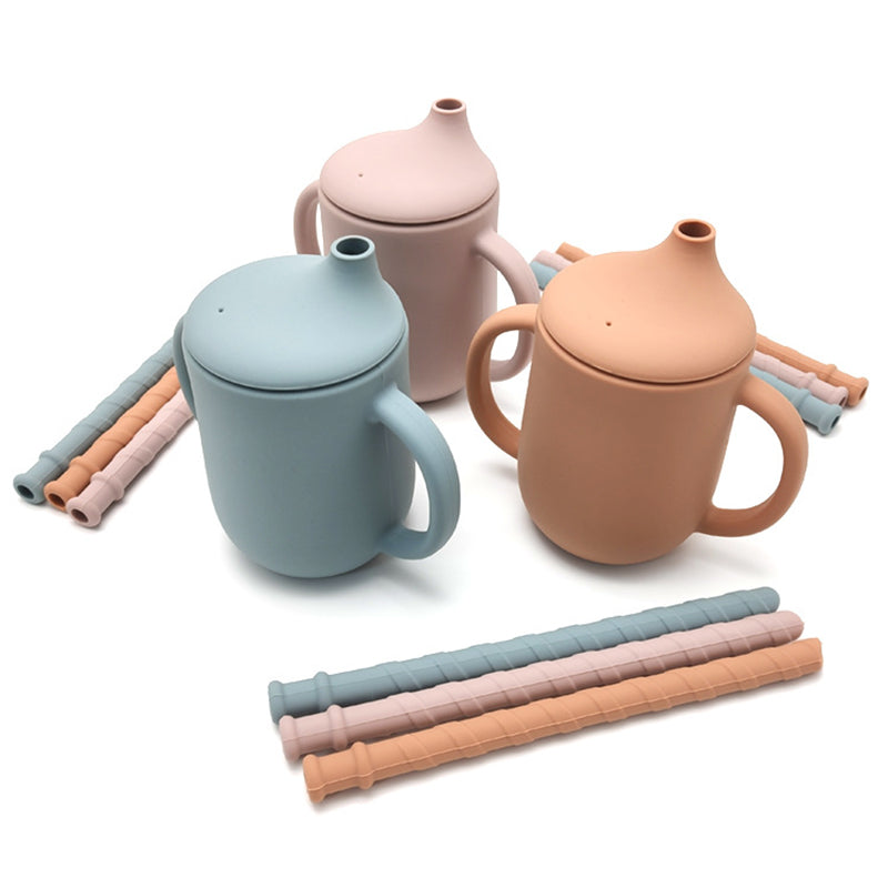 Silicone Baby Learning Drink Cup with Straw, Handles & Cleaning Brush