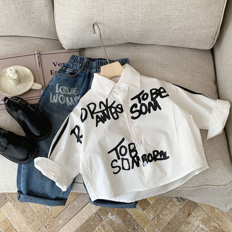 Letter Graffiti Casual Long Sleeve Shirt for Boys