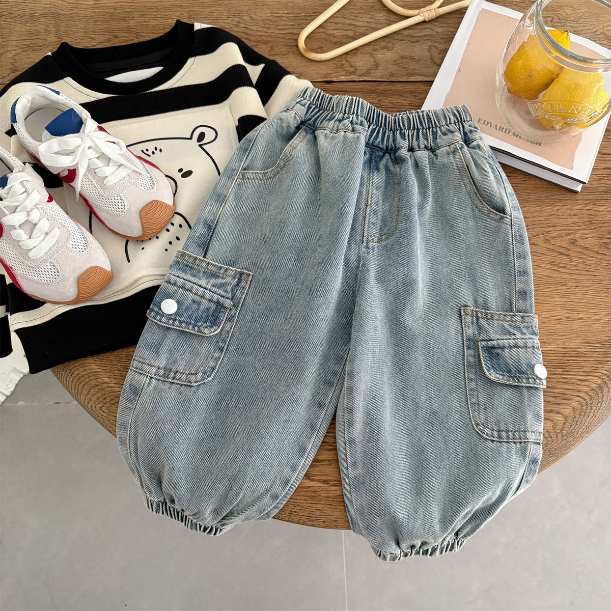 Kids Solid Color Pocket Denim Workwear Straight-Leg Pants