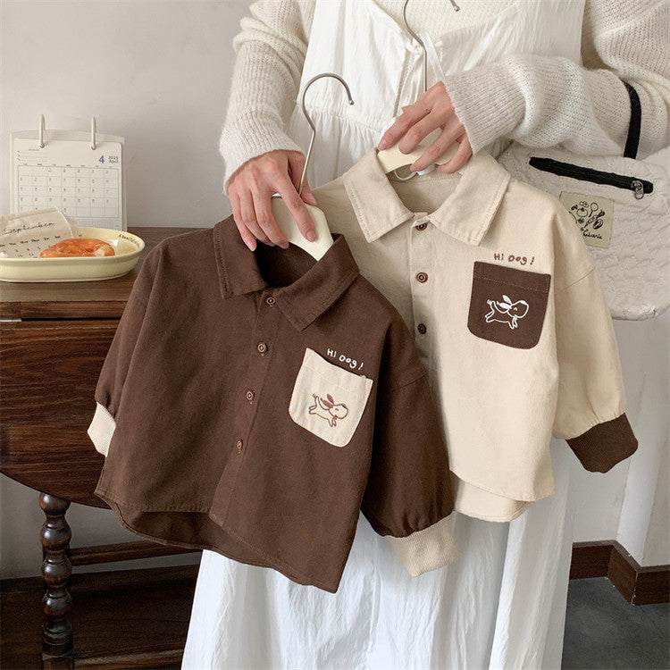 Cartoon Contrast Cotton Long Sleeve Kids Shirt