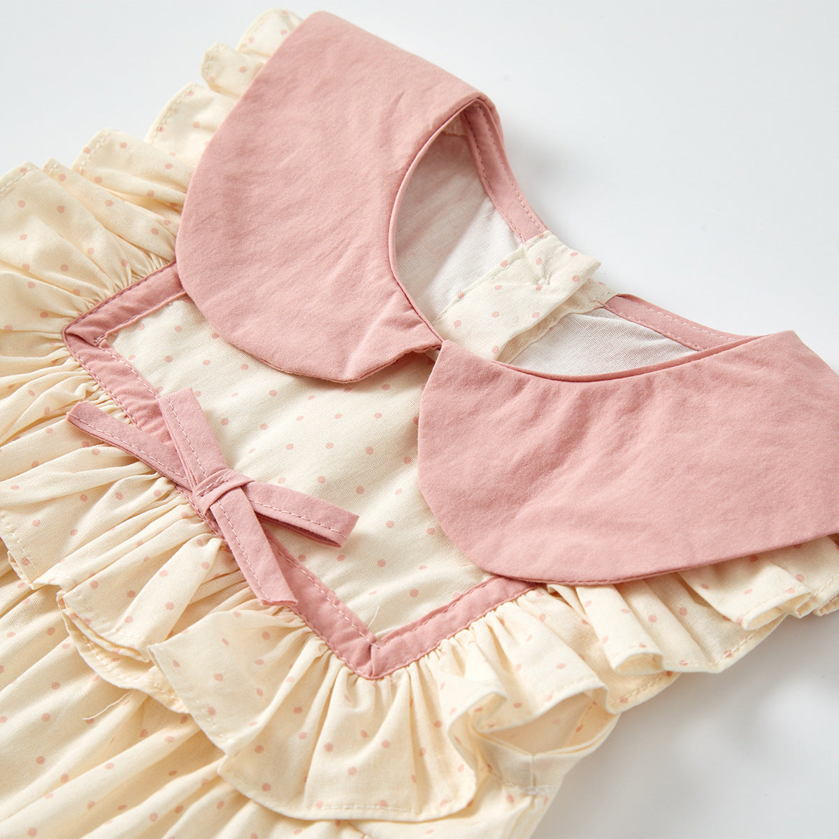 Polka Dot Color-Blocked Baby Girl Vest Romper with Peter Pan Collar