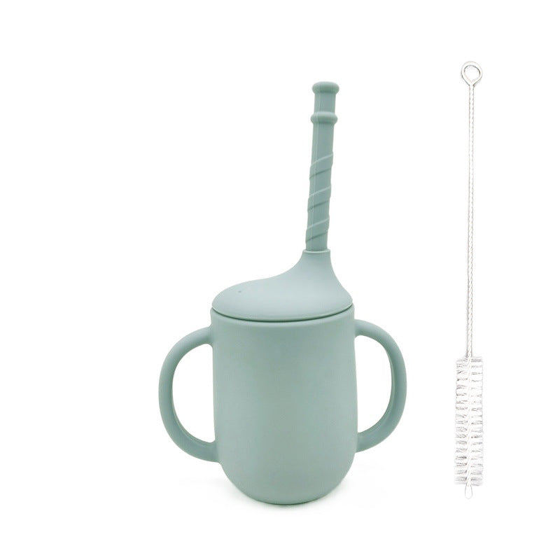Silicone Baby Learning Drink Cup with Straw, Handles & Cleaning Brush