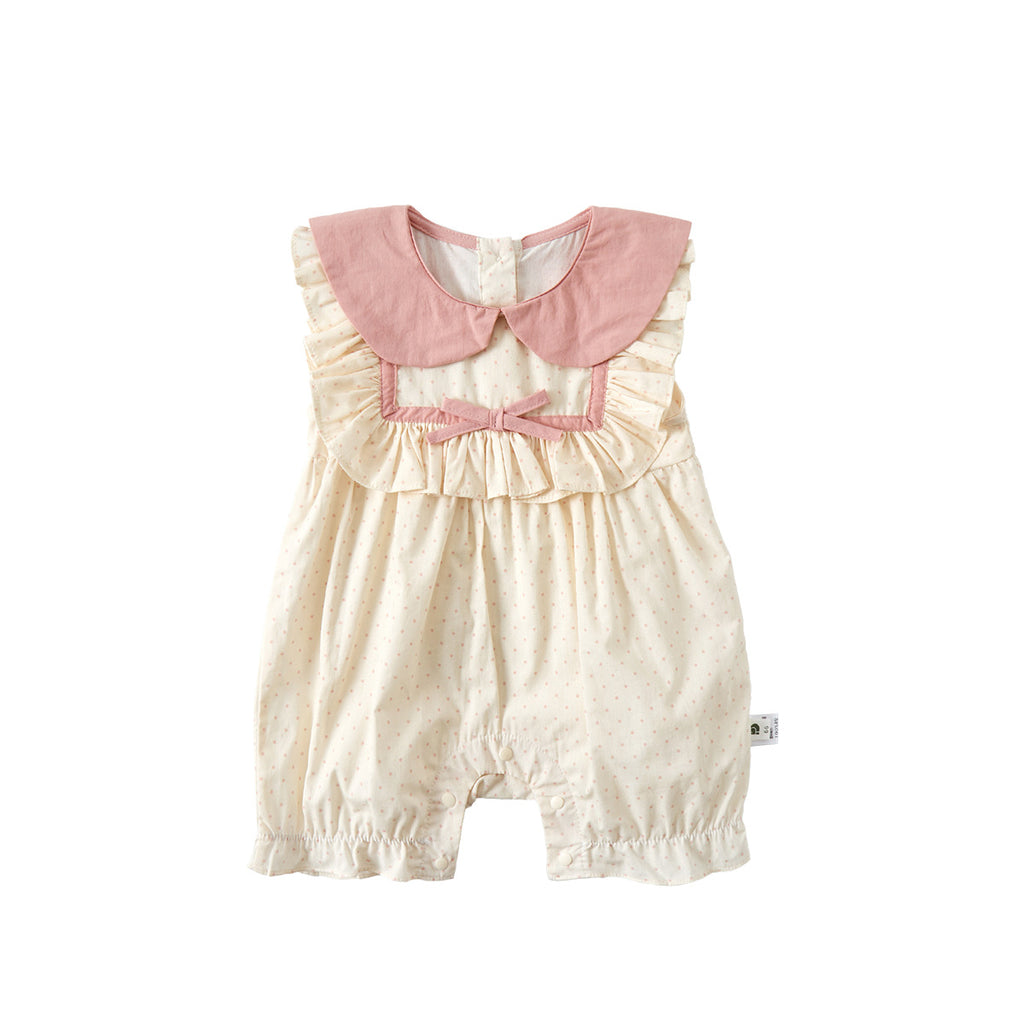 Polka Dot Color-Blocked Baby Girl Vest Romper with Peter Pan Collar