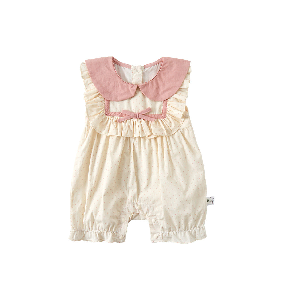 Polka Dot Color-Blocked Baby Girl Vest Romper with Peter Pan Collar