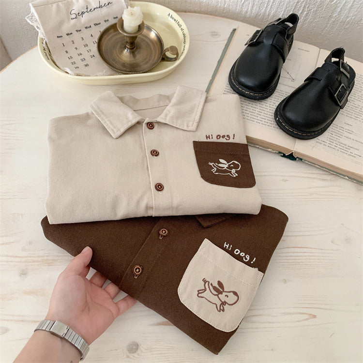 Cartoon Contrast Cotton Long Sleeve Kids Shirt