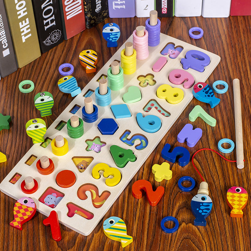 3-in-1 Wooden Fishing, Alphabet & Number Learning Board