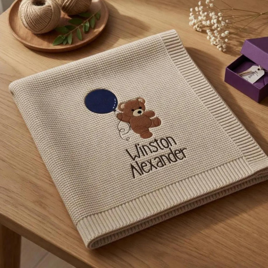 Personalized Knitted Baby Blanket with Embroidered Name & Bear