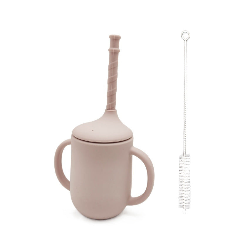 Silicone Baby Learning Drink Cup with Straw, Handles & Cleaning Brush