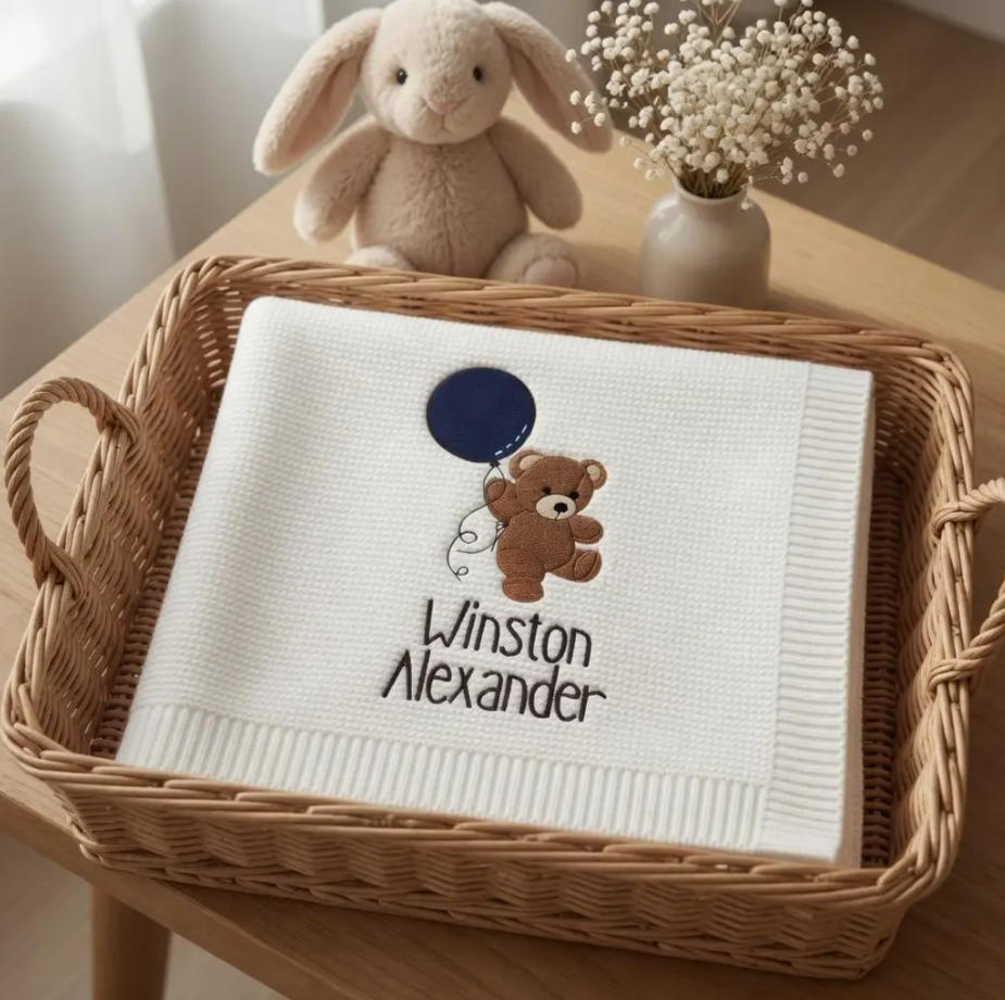 Personalized Knitted Baby Blanket with Embroidered Name & Bear