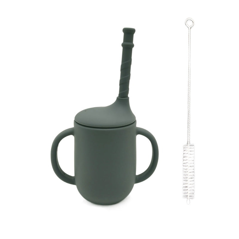 Silicone Baby Learning Drink Cup with Straw, Handles & Cleaning Brush