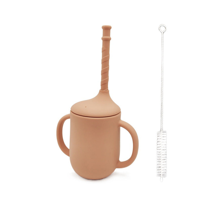Silicone Baby Learning Drink Cup with Straw, Handles & Cleaning Brush