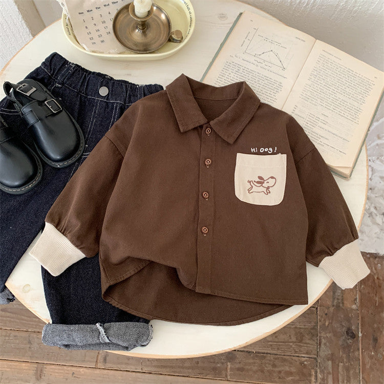 Cartoon Contrast Cotton Long Sleeve Kids Shirt