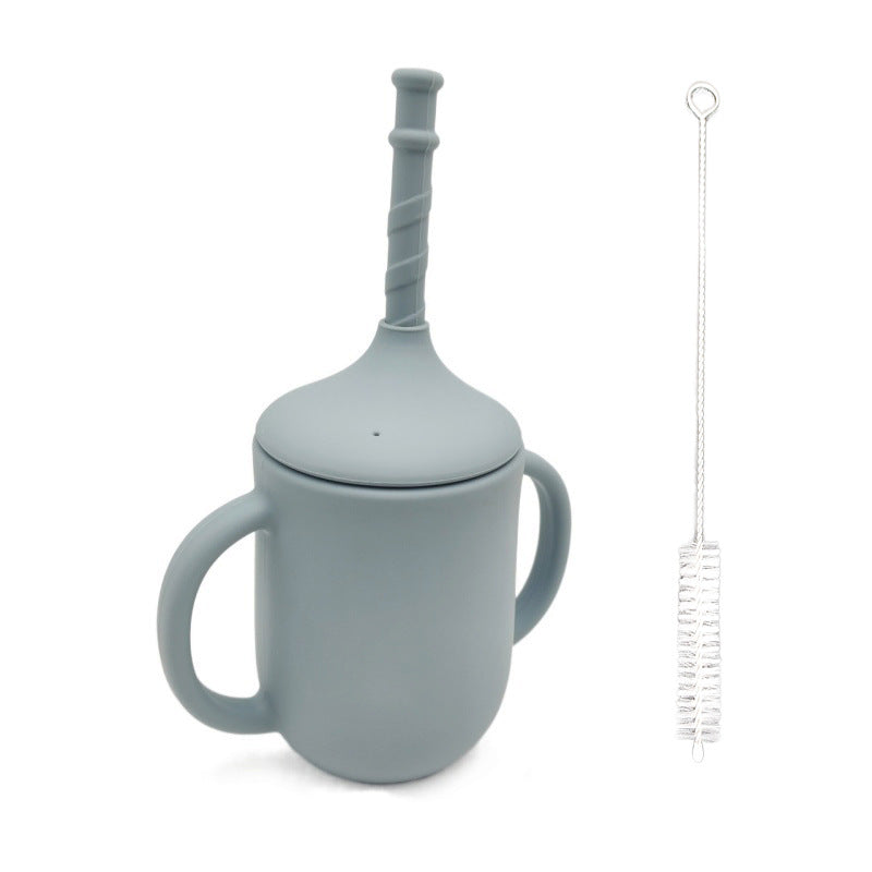 Silicone Baby Learning Drink Cup with Straw, Handles & Cleaning Brush