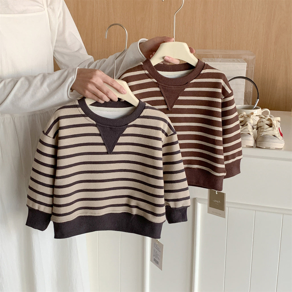Kids Cotton Cartoon Striped Round Neck Pullover