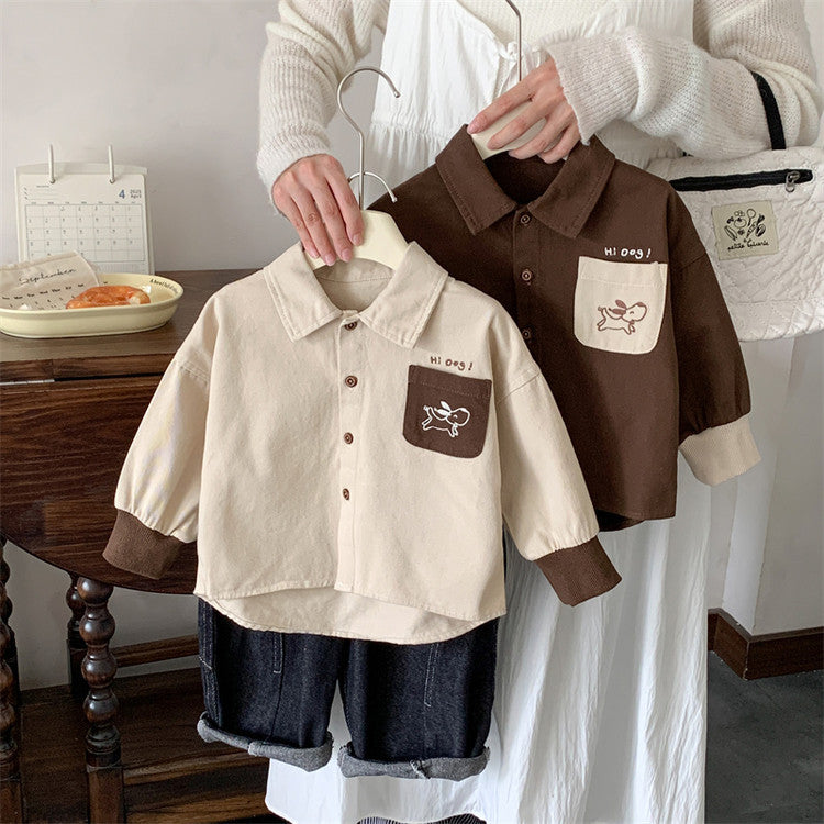 Cartoon Contrast Cotton Long Sleeve Kids Shirt