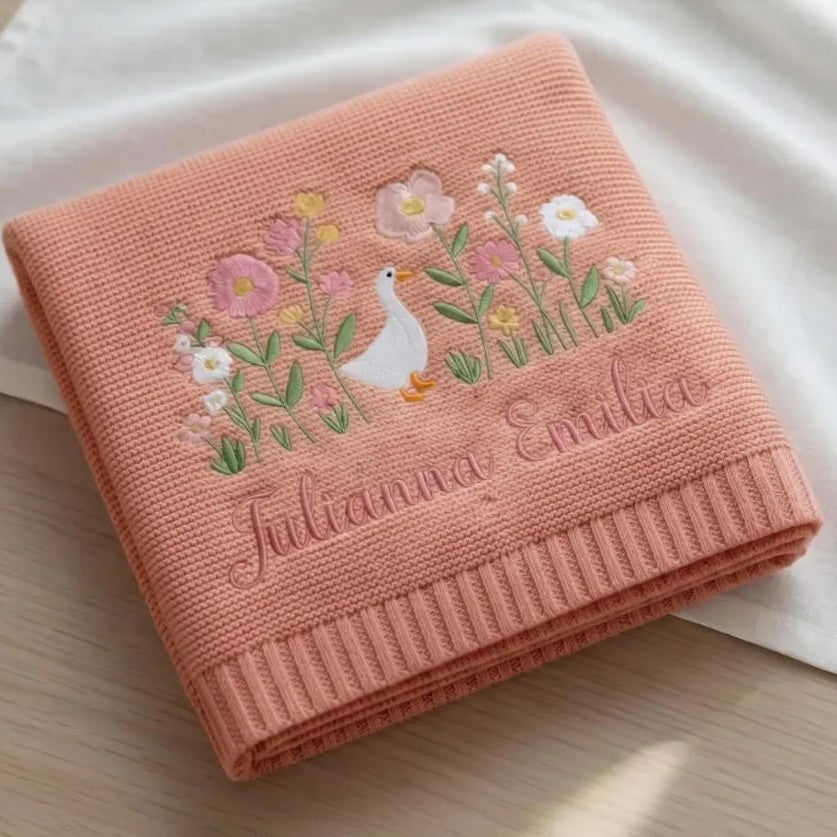 Personalized Knitted Baby Blanket with Embroidered Name & Bear
