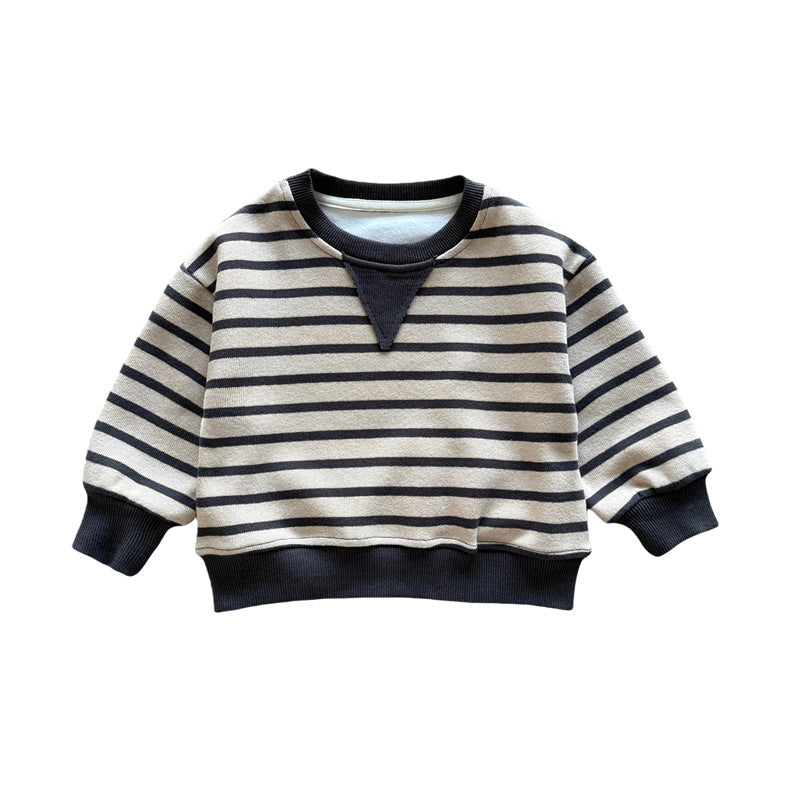 Kids Cotton Cartoon Striped Round Neck Pullover