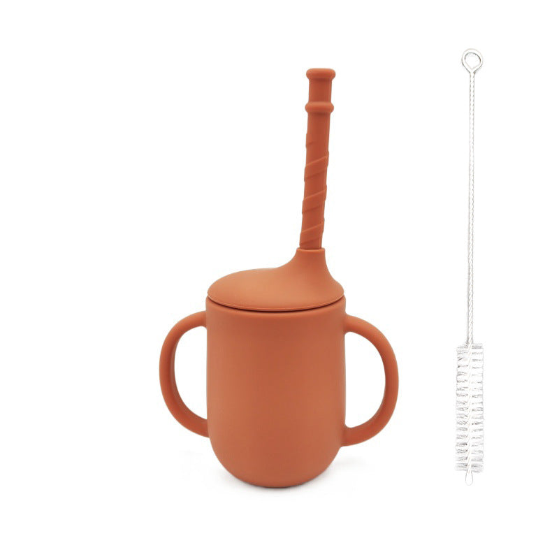 Silicone Baby Learning Drink Cup with Straw, Handles & Cleaning Brush