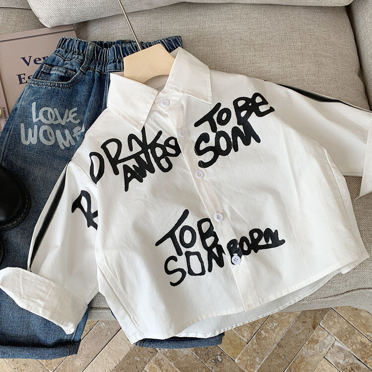 Letter Graffiti Casual Long Sleeve Shirt for Boys