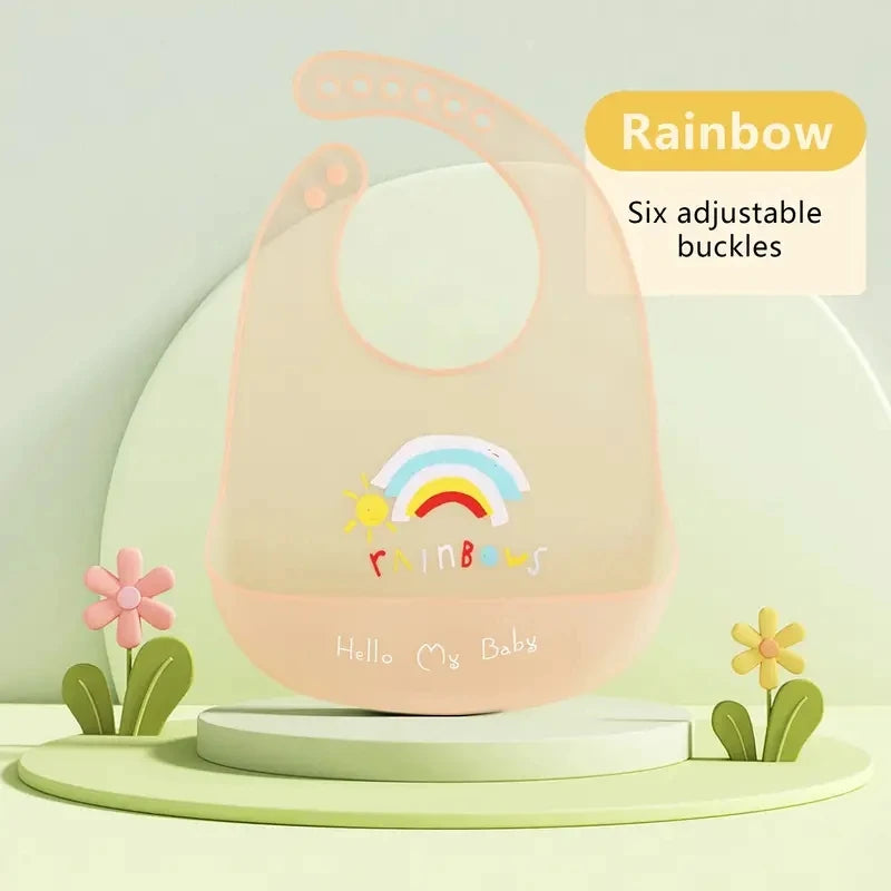 Waterproof Adjustable Silicone Baby Bib with Cartoon Animal Print