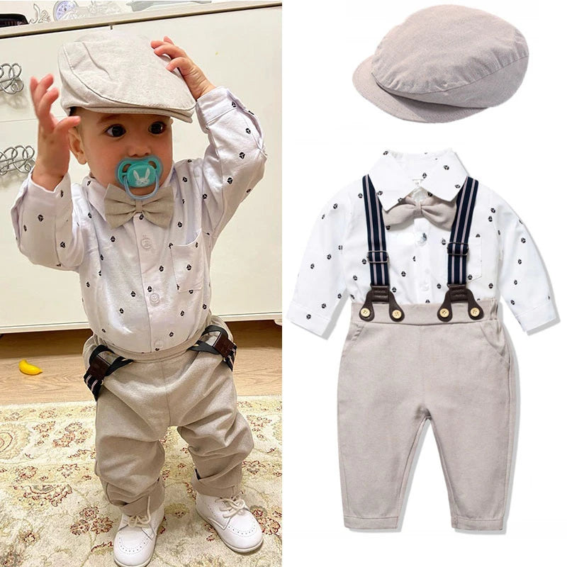 Baby Boy Gentleman Striped Romper & Bow Hat Set