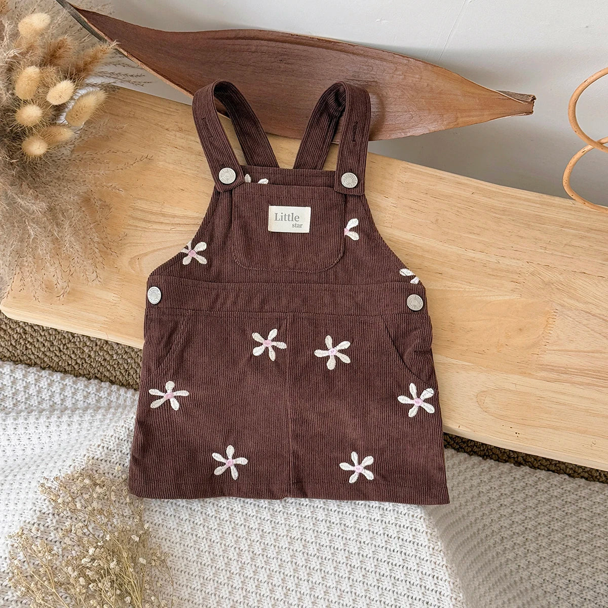 Baby Girls Corduroy Floral Embroidered Strap Dress